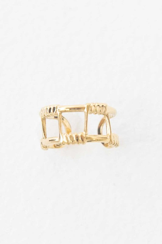 Wired Ear Cuff Earrings with geometric cutout design on a white background, featuring 14k gold plating.