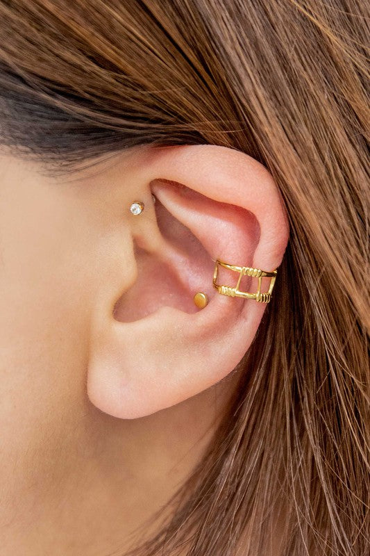 Wired Ear Cuff Earrings with geometric cutout design on a white background, featuring 14k gold plating.