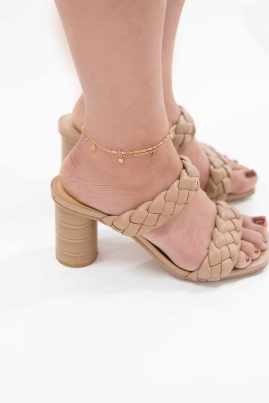 Connect the Dots Anklet stainless steel layered chain ankle bracelet with disc charms on a white background.