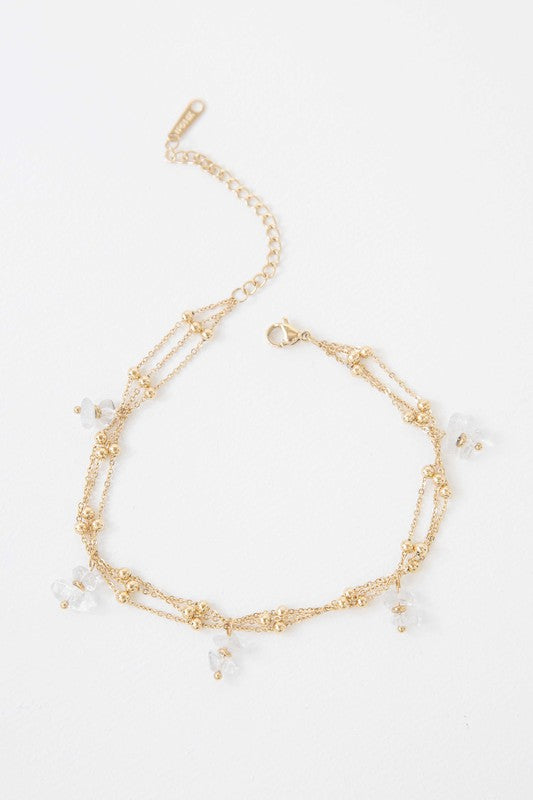 Aura Stone Anklet with pendant details and 14k gold plating on a white background.