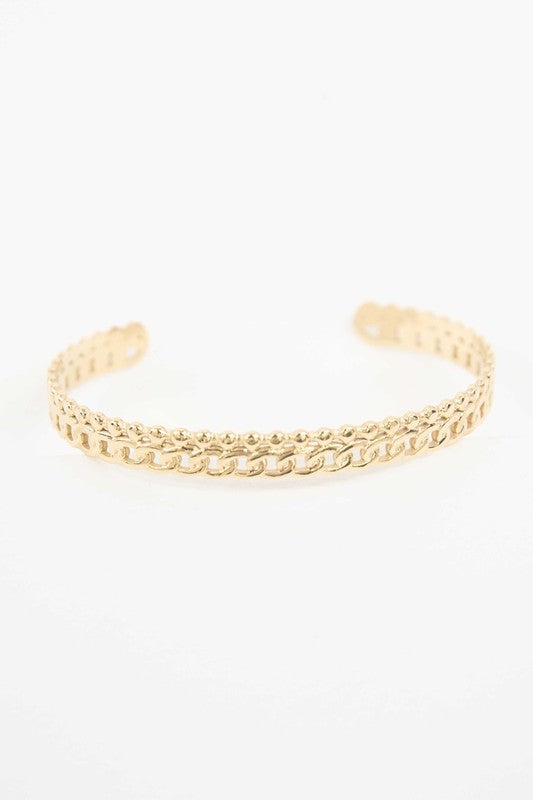 Two Sequenced Cuff Bracelets with stainless steel decorative patterns on a white background.