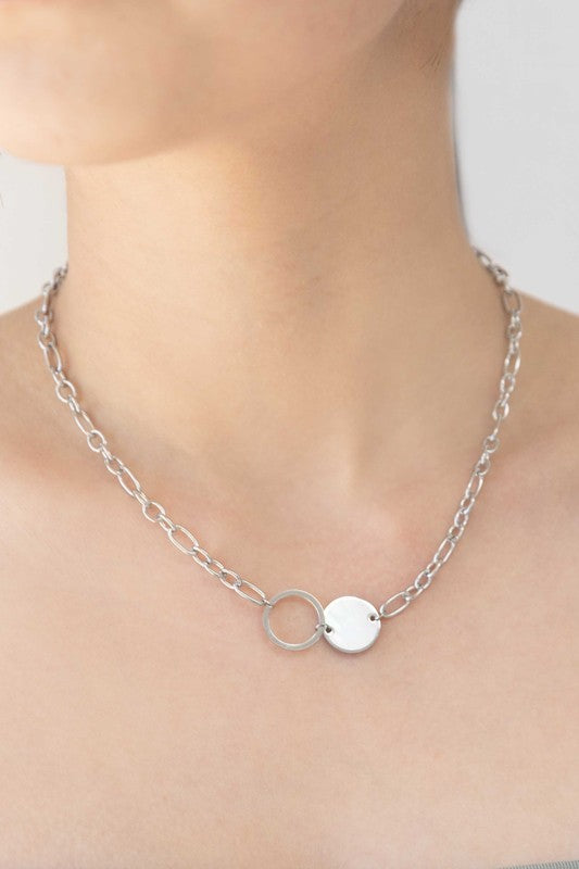 Full Moon Link Necklace with an opal circle pendant centerpiece on a white background.