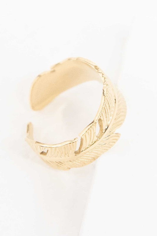 Feather Adjustable Ring with 14k gold plating on a white background.