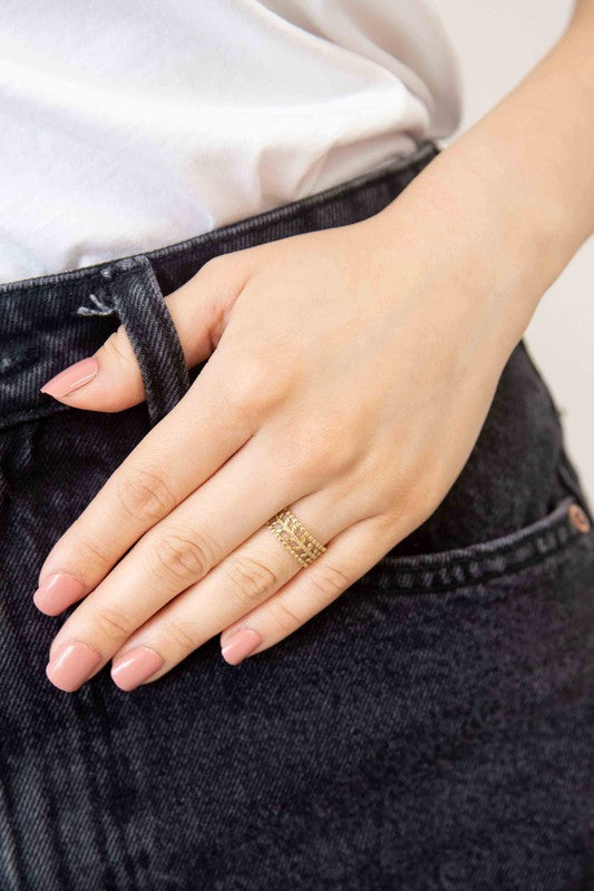Maiden adjustable ring with 14k gold plating on a white background.