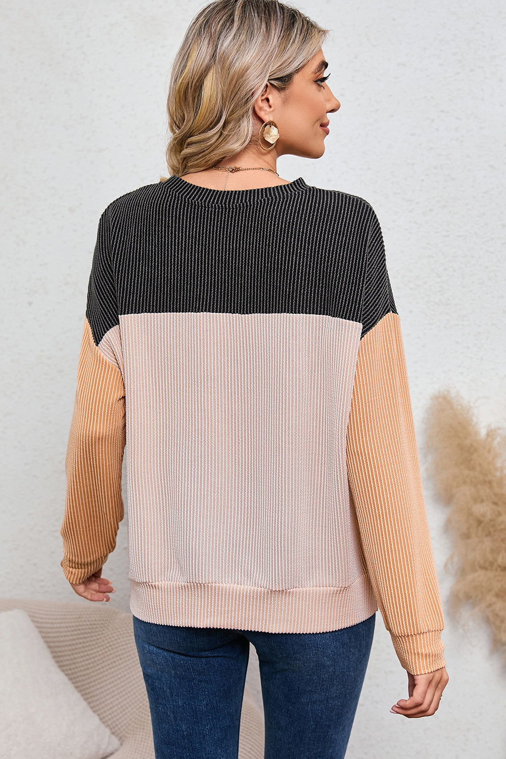 Wholesale Black Color Block Corduroy Long Sleeve Tops.