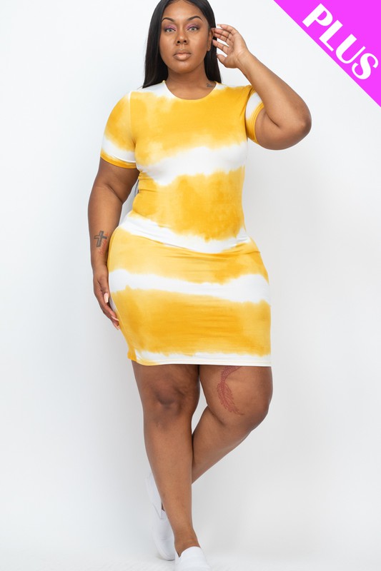 Person wearing a PLUS Size Stripe Tie-Dye Printed Midi Dress, standing against a plain white background.