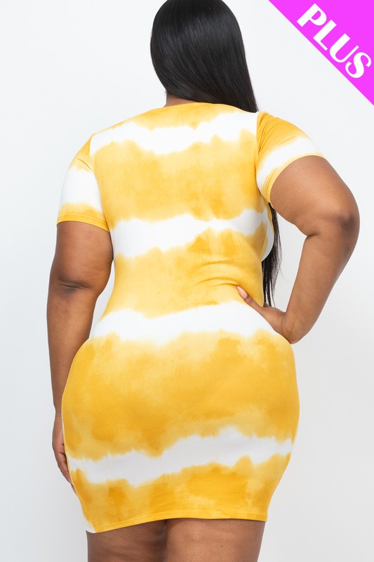 Person wearing a PLUS Size Stripe Tie-Dye Printed Midi Dress, standing against a plain white background.