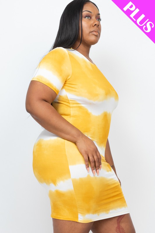 Person wearing a PLUS Size Stripe Tie-Dye Printed Midi Dress, standing against a plain white background.