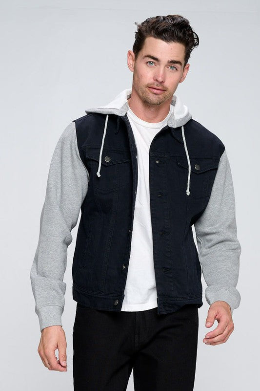 A man with short dark hair wearing a black and gray Men's Denim Jacket with Fleece Hoodies over a white shirt, standing against a plain light background. He is looking directly at the camera with a neutral expression.