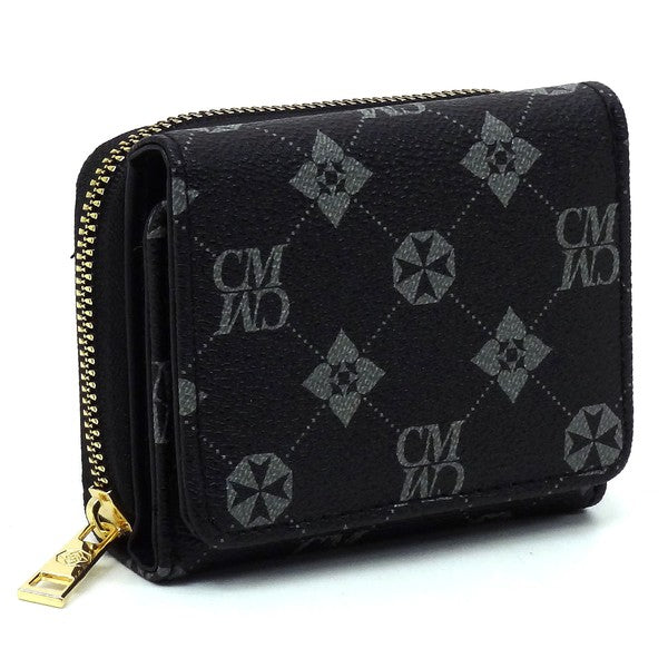 The CM Monogram Tri-fold Wallet is a small, black tri-fold wallet adorned with a diamond and star pattern and featuring gray letters "CM" and "MO." Made from vegan leather, it includes a gold-tone zipper on one side.