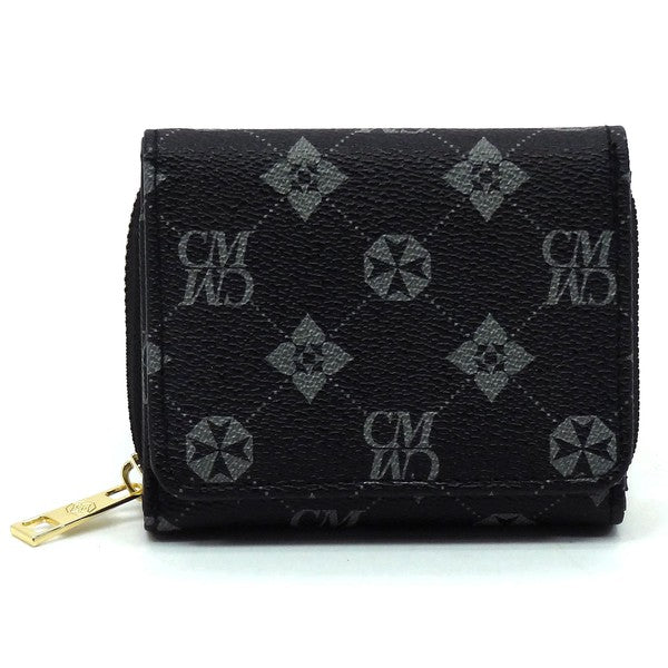 A CM Monogram Tri-fold Wallet, crafted from vegan leather, featuring a black design with a gold zipper and intricate geometric patterns, including star shapes and "CM" monogram lettering.