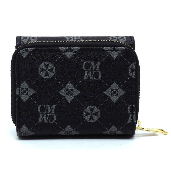 A CM Monogram Tri-fold Wallet, crafted from vegan leather, featuring a black design with a gold zipper and intricate geometric patterns, including star shapes and "CM" monogram lettering.