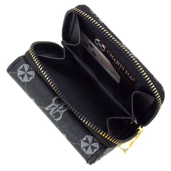 A CM Monogram Tri-fold Wallet, crafted from vegan leather, featuring a black design with a gold zipper and intricate geometric patterns, including star shapes and "CM" monogram lettering.