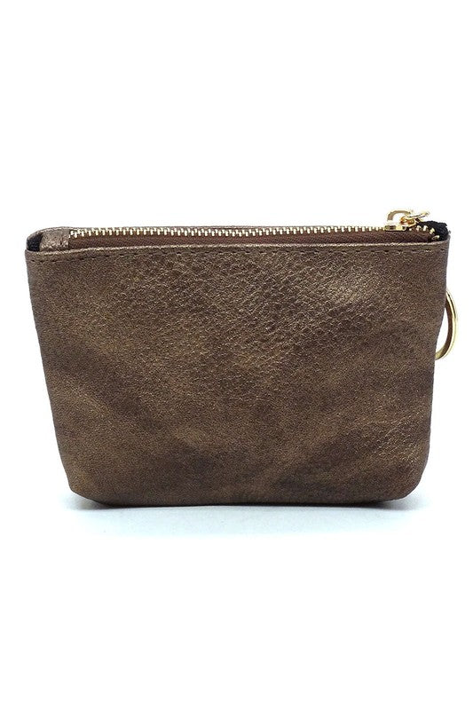 The Fashion Keychain Coin Purse is a compact, textured brown coin holder made from vegan leather. It features a zippered closure, an external pocket, and comes with an attached gold keyring.