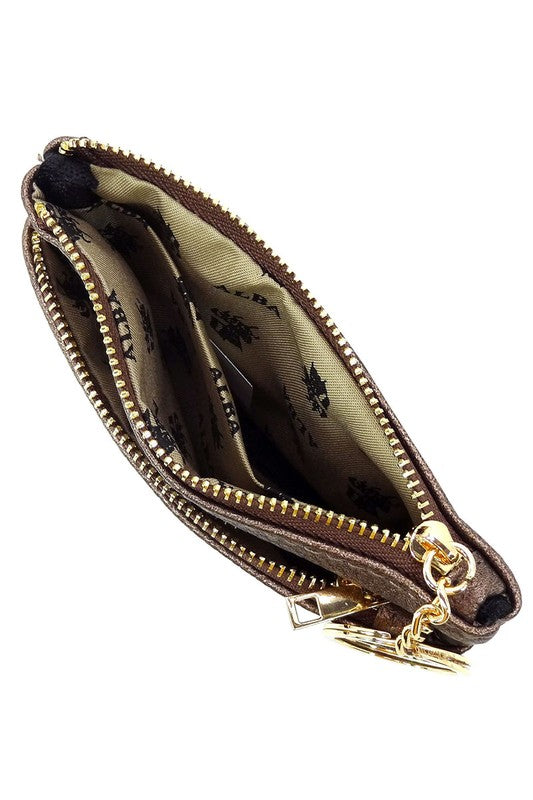 The Fashion Keychain Coin Purse is a compact, textured brown coin holder made from vegan leather. It features a zippered closure, an external pocket, and comes with an attached gold keyring.