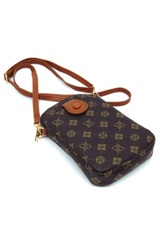 The CM Monogram Mini Crossbody Bag Cell Phone Purse is a small, black patterned crossbody bag made from faux vegan leather, featuring a front buttoned flap, gold-tone hardware, and a detachable strap.