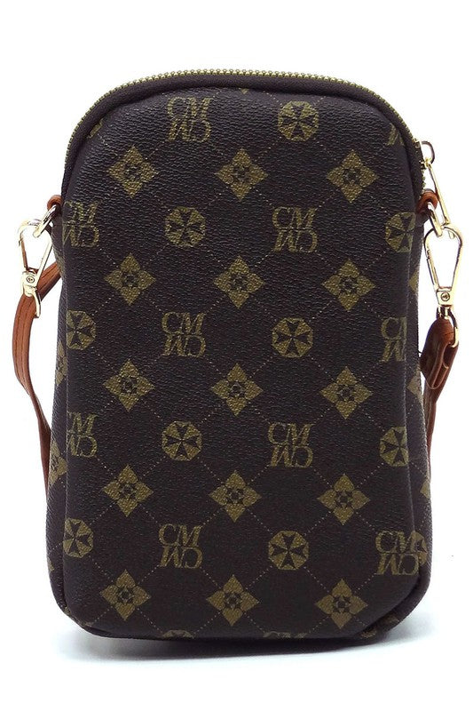 The CM Monogram Mini Crossbody Bag Cell Phone Purse is a small, black patterned crossbody bag made from faux vegan leather, featuring a front buttoned flap, gold-tone hardware, and a detachable strap.