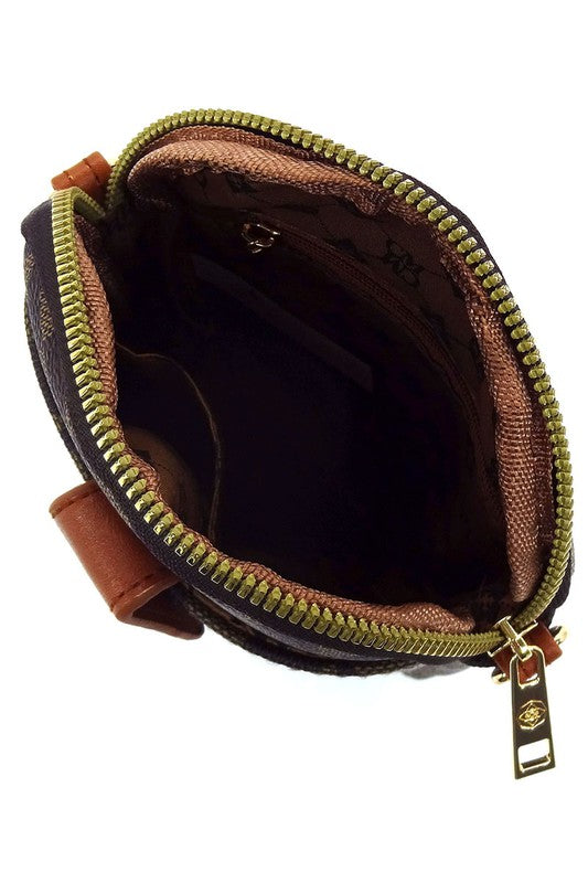 The CM Monogram Mini Crossbody Bag Cell Phone Purse is a small, black patterned crossbody bag made from faux vegan leather, featuring a front buttoned flap, gold-tone hardware, and a detachable strap.