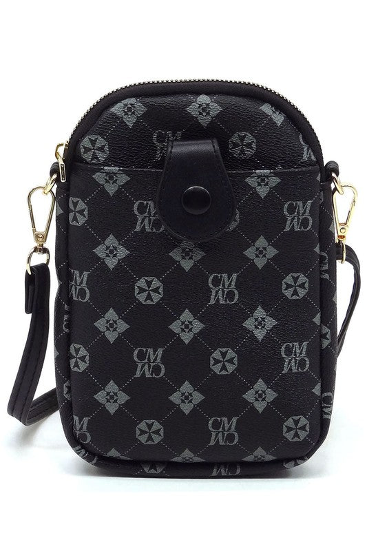The CM Monogram Mini Crossbody Bag Cell Phone Purse is a small, black patterned crossbody bag made from faux vegan leather, featuring a front buttoned flap, gold-tone hardware, and a detachable strap.