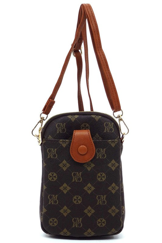 The CM Monogram Mini Crossbody Bag Cell Phone Purse is a small, black patterned crossbody bag made from faux vegan leather, featuring a front buttoned flap, gold-tone hardware, and a detachable strap.