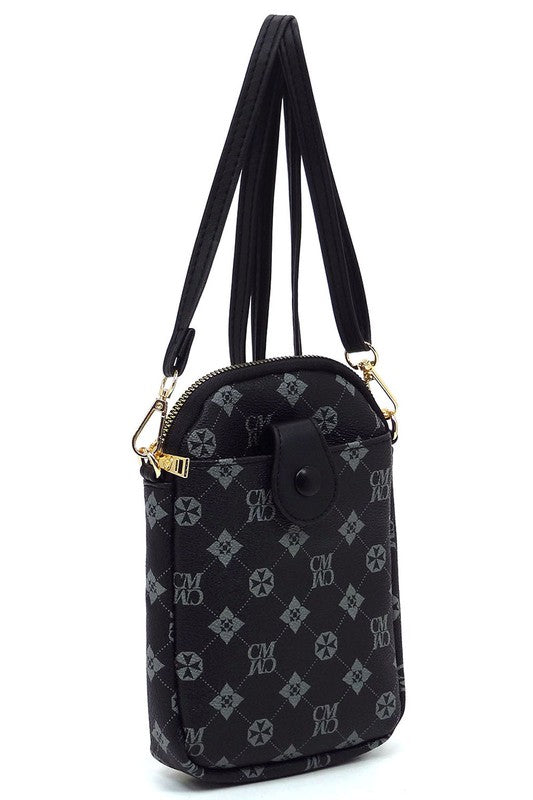 The CM Monogram Mini Crossbody Bag Cell Phone Purse is a small, black patterned crossbody bag made from faux vegan leather, featuring a front buttoned flap, gold-tone hardware, and a detachable strap.