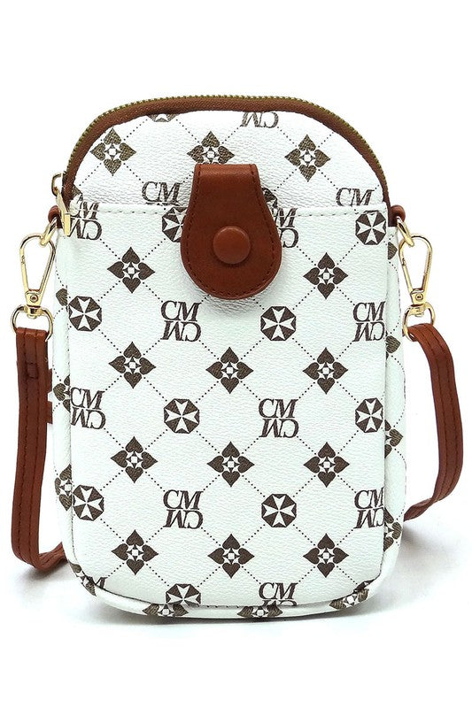 The CM Monogram Mini Crossbody Bag Cell Phone Purse is a small, black patterned crossbody bag made from faux vegan leather, featuring a front buttoned flap, gold-tone hardware, and a detachable strap.