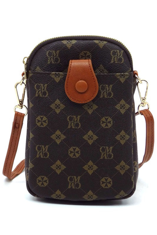 The CM Monogram Mini Crossbody Bag Cell Phone Purse is a small, black patterned crossbody bag made from faux vegan leather, featuring a front buttoned flap, gold-tone hardware, and a detachable strap.