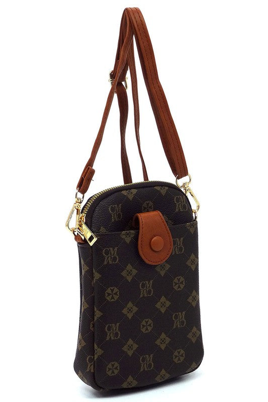 The CM Monogram Mini Crossbody Bag Cell Phone Purse is a small, black patterned crossbody bag made from faux vegan leather, featuring a front buttoned flap, gold-tone hardware, and a detachable strap.