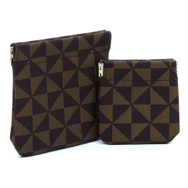 The PM Monogram Spring Zip 2-in-1 Coin Purse includes two fabric bags, one larger and one smaller, adorned with a black and white geometric triangle pattern. These bags feature a convenient spring zip closure and gold-tone hardware for an elegant finish.