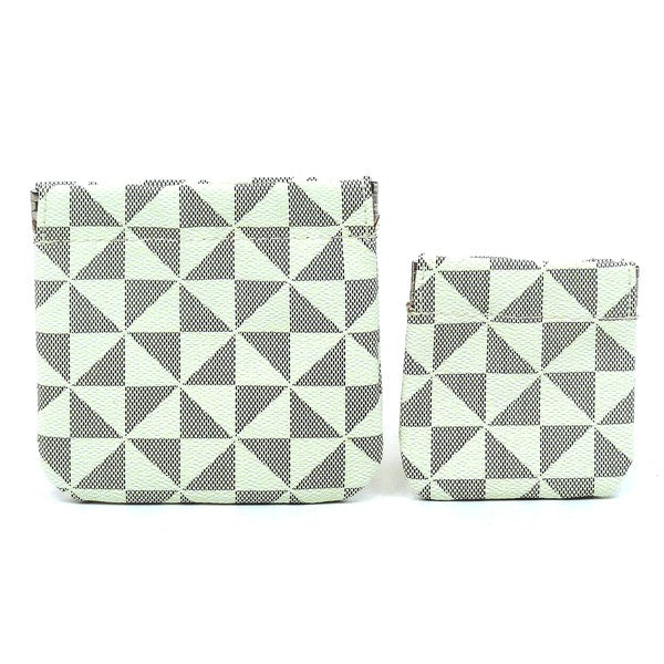The PM Monogram Spring Zip 2-in-1 Coin Purse includes two fabric bags, one larger and one smaller, adorned with a black and white geometric triangle pattern. These bags feature a convenient spring zip closure and gold-tone hardware for an elegant finish.