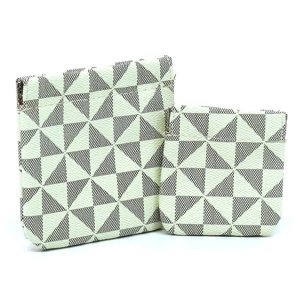 The PM Monogram Spring Zip 2-in-1 Coin Purse includes two fabric bags, one larger and one smaller, adorned with a black and white geometric triangle pattern. These bags feature a convenient spring zip closure and gold-tone hardware for an elegant finish.