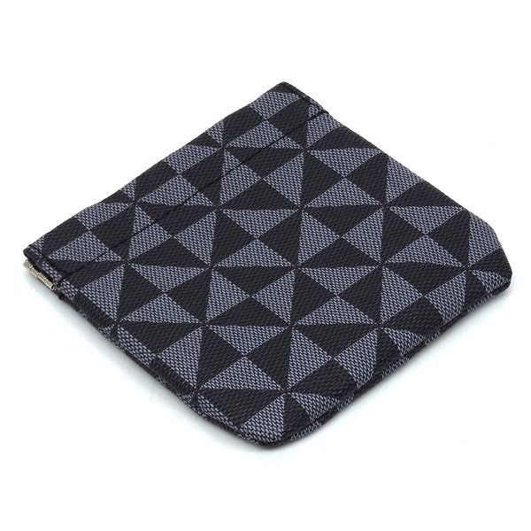 The PM Monogram Spring Zip 2-in-1 Coin Purse includes two fabric bags, one larger and one smaller, adorned with a black and white geometric triangle pattern. These bags feature a convenient spring zip closure and gold-tone hardware for an elegant finish.
