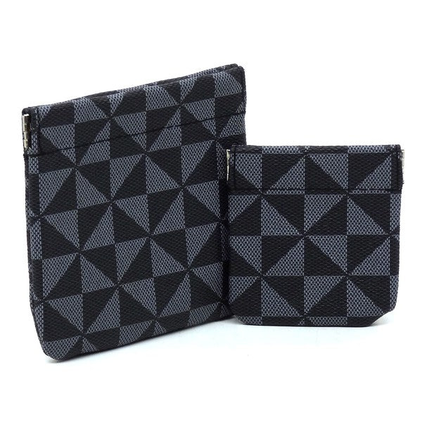 The PM Monogram Spring Zip 2-in-1 Coin Purse includes two fabric bags, one larger and one smaller, adorned with a black and white geometric triangle pattern. These bags feature a convenient spring zip closure and gold-tone hardware for an elegant finish.