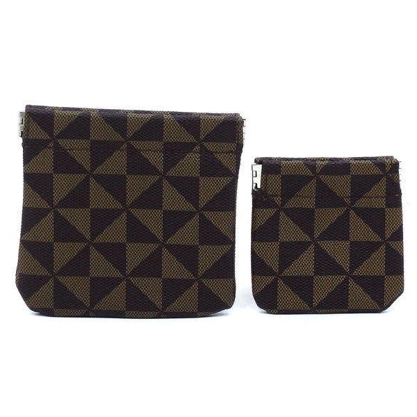 The PM Monogram Spring Zip 2-in-1 Coin Purse includes two fabric bags, one larger and one smaller, adorned with a black and white geometric triangle pattern. These bags feature a convenient spring zip closure and gold-tone hardware for an elegant finish.