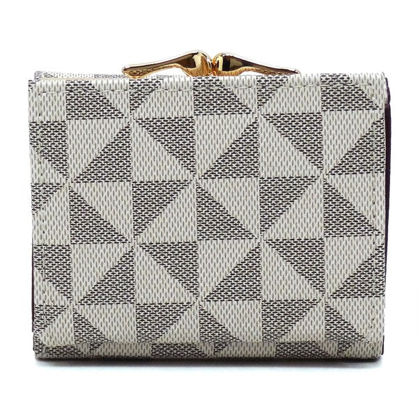 A compact PM Monogram Kiss Lock Tri-fold Wallet, featuring a brown checkered pattern and crafted from vegan leather, adorned with a gold clasp and gold-tone hardware, standing upright.