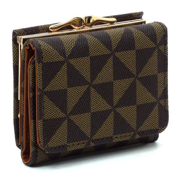 A compact PM Monogram Kiss Lock Tri-fold Wallet, featuring a brown checkered pattern and crafted from vegan leather, adorned with a gold clasp and gold-tone hardware, standing upright.