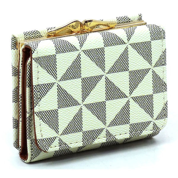 A compact PM Monogram Kiss Lock Tri-fold Wallet, featuring a brown checkered pattern and crafted from vegan leather, adorned with a gold clasp and gold-tone hardware, standing upright.