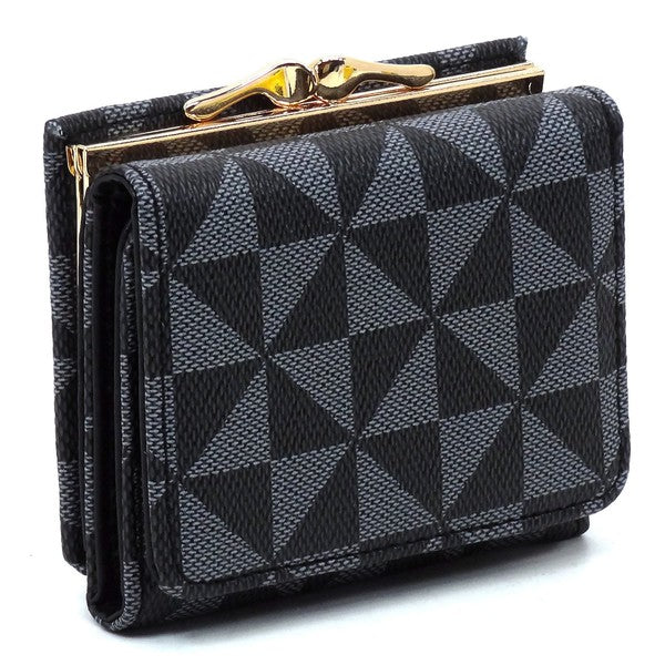 A compact PM Monogram Kiss Lock Tri-fold Wallet, featuring a brown checkered pattern and crafted from vegan leather, adorned with a gold clasp and gold-tone hardware, standing upright.
