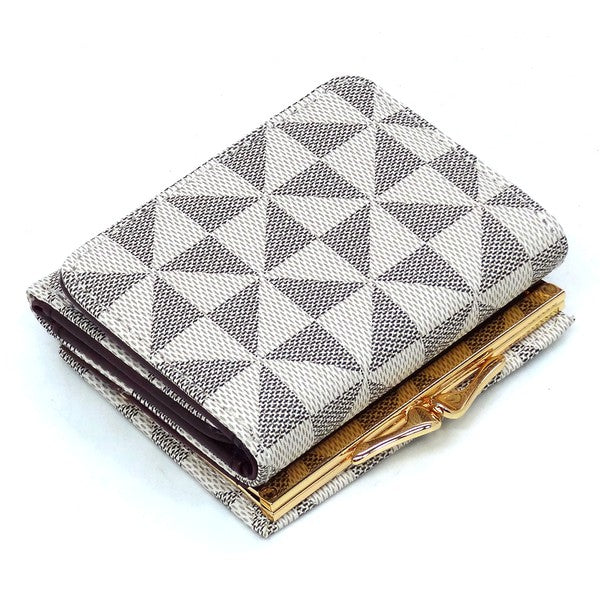 A compact PM Monogram Kiss Lock Tri-fold Wallet, featuring a brown checkered pattern and crafted from vegan leather, adorned with a gold clasp and gold-tone hardware, standing upright.