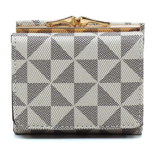 A compact PM Monogram Kiss Lock Tri-fold Wallet, featuring a brown checkered pattern and crafted from vegan leather, adorned with a gold clasp and gold-tone hardware, standing upright.