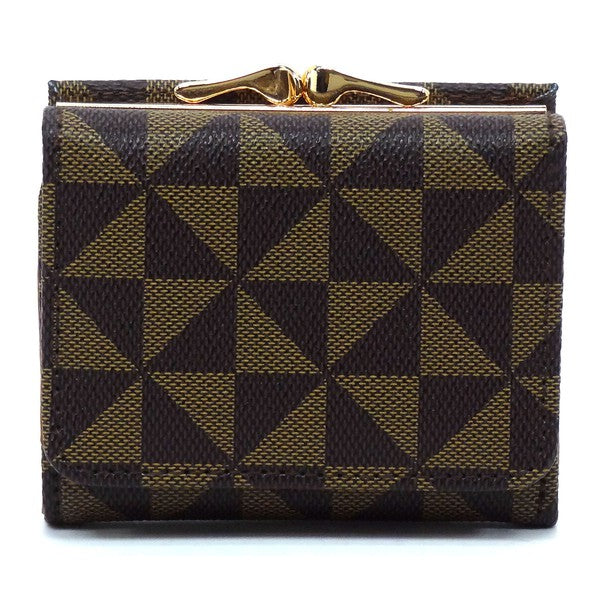 The PM Monogram Kiss Lock Tri-fold Wallet is a compact, square accessory featuring a brown and gold pattern, crafted from faux vegan leather, and secured with a kiss-lock clasp closure.