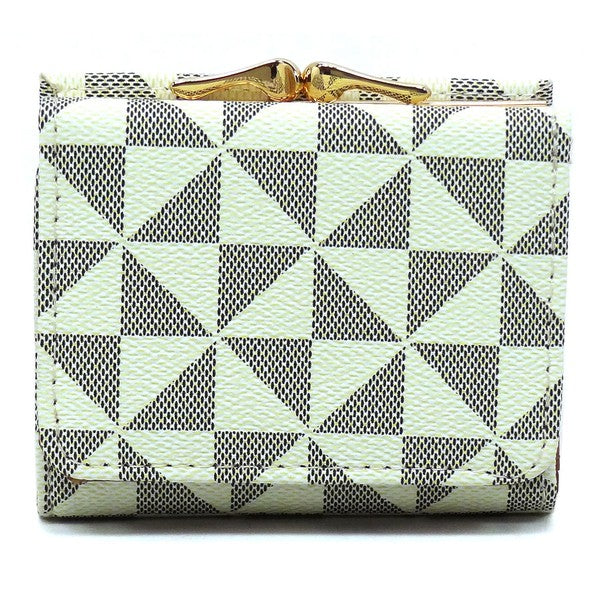 A compact PM Monogram Kiss Lock Tri-fold Wallet, featuring a brown checkered pattern and crafted from vegan leather, adorned with a gold clasp and gold-tone hardware, standing upright.