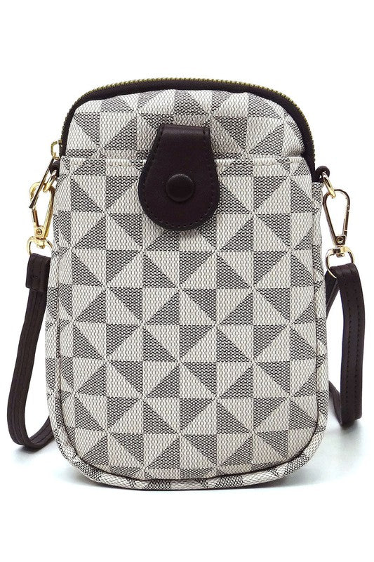 The PM Monogram Mini Crossbody Bag Cell Phone Purse is a small crossbody with a geometric gray and white pattern, crafted from faux vegan leather. It features a front pocket, black snap button closure, and gold and black hardware on the strap.