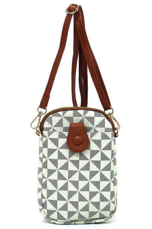 The PM Monogram Mini Crossbody Bag Cell Phone Purse is a compact mini crossbody bag showcasing a geometric pattern in shades of gray and black, complemented by a black zipper and dark faux vegan leather accents, including a snap button on the front.