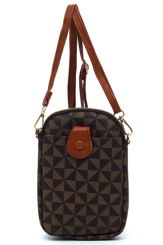 The PM Monogram Mini Crossbody Bag Cell Phone Purse is a compact mini crossbody bag showcasing a geometric pattern in shades of gray and black, complemented by a black zipper and dark faux vegan leather accents, including a snap button on the front.