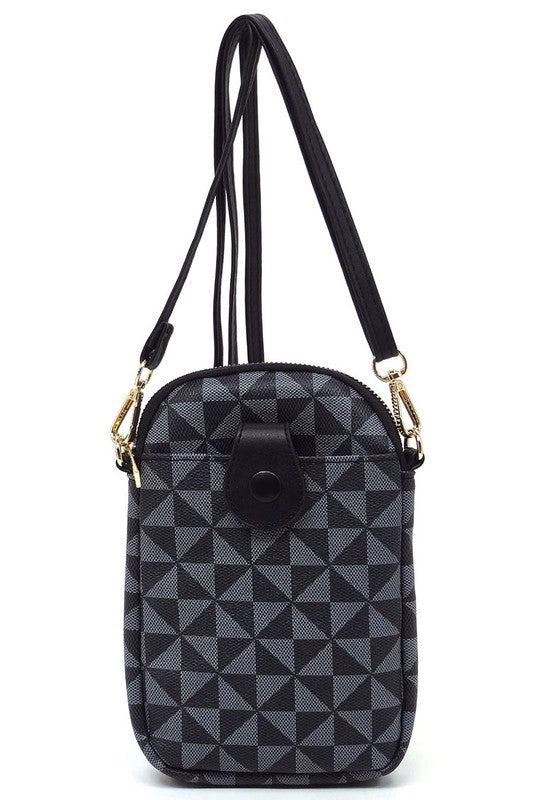 The PM Monogram Mini Crossbody Bag Cell Phone Purse is a compact mini crossbody bag showcasing a geometric pattern in shades of gray and black, complemented by a black zipper and dark faux vegan leather accents, including a snap button on the front.