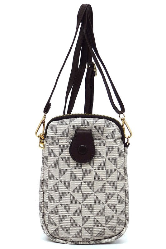 The PM Monogram Mini Crossbody Bag Cell Phone Purse is a compact mini crossbody bag showcasing a geometric pattern in shades of gray and black, complemented by a black zipper and dark faux vegan leather accents, including a snap button on the front.