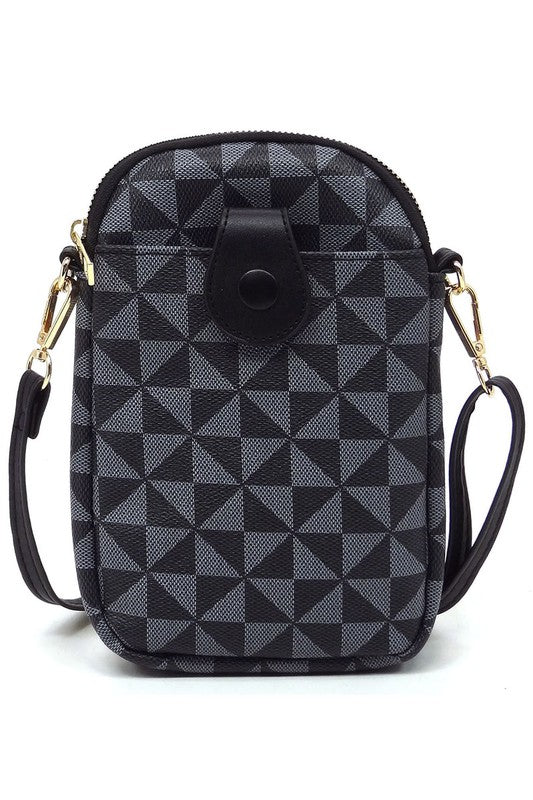 The PM Monogram Mini Crossbody Bag Cell Phone Purse is a compact mini crossbody bag showcasing a geometric pattern in shades of gray and black, complemented by a black zipper and dark faux vegan leather accents, including a snap button on the front.