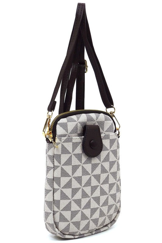 The PM Monogram Mini Crossbody Bag Cell Phone Purse is a compact mini crossbody bag showcasing a geometric pattern in shades of gray and black, complemented by a black zipper and dark faux vegan leather accents, including a snap button on the front.