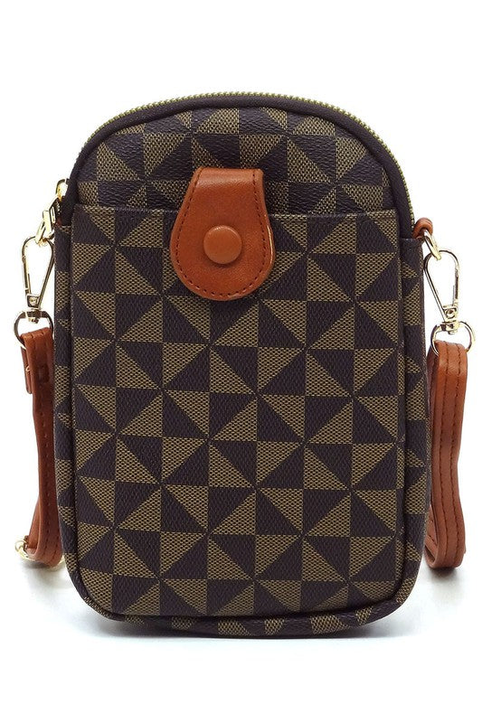 The PM Monogram Mini Crossbody Bag Cell Phone Purse is a compact mini crossbody bag showcasing a geometric pattern in shades of gray and black, complemented by a black zipper and dark faux vegan leather accents, including a snap button on the front.